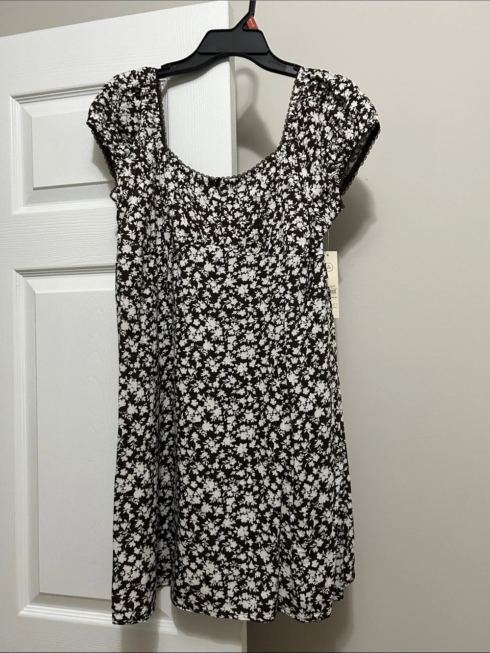 Brown Floral Square-Neck Mini Dress, NEW - Picture 6 of 9